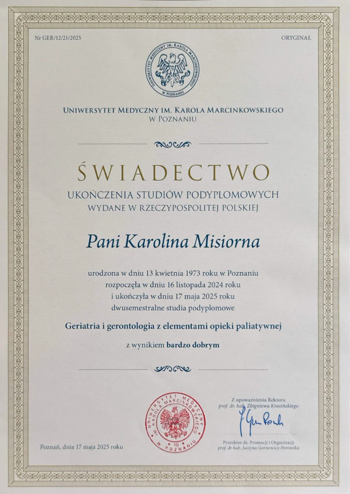 Dyplom Karoliny Misiorny — Uniwersytet Medyczny w Poznaniu
