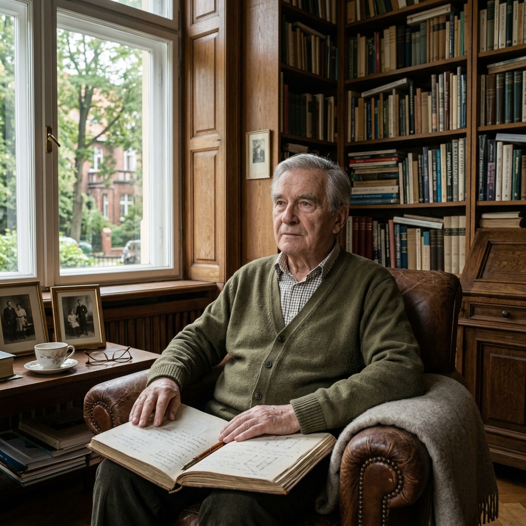 Pan Jerzy, elegancki, zamyślony 81-letni architekt w zaciszu swojego gabinetu z widokiem na ogród we wrocławskim Biskupinie