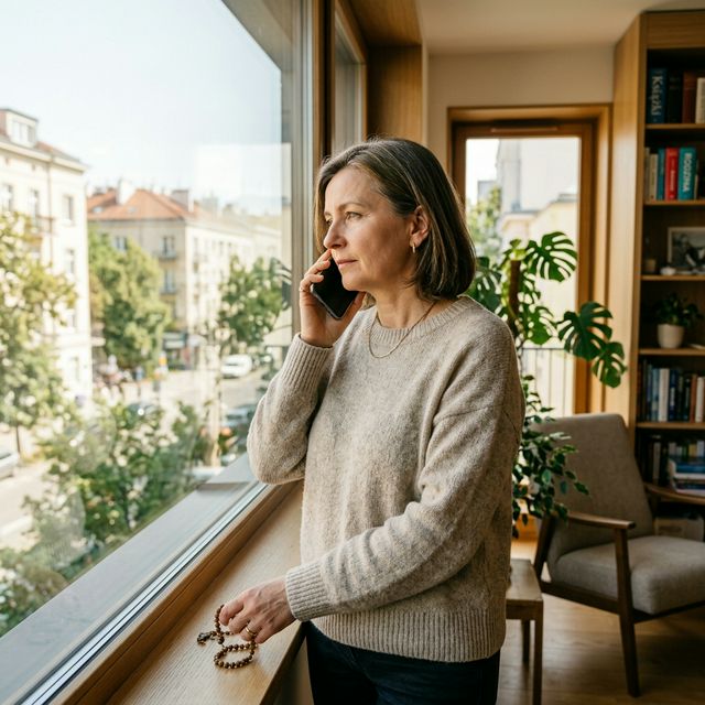 Kobieta rozmawiająca przez telefon — kontakt z agencją opieki jesiennie.pl