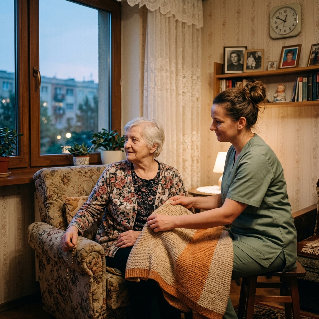 Opiekunka i seniorka z łódzkiego Polesia siedzą przy oknie wieczorem — spokój i poczucie bezpieczeństwa po ciężkim dniu powrotu ze szpitala.