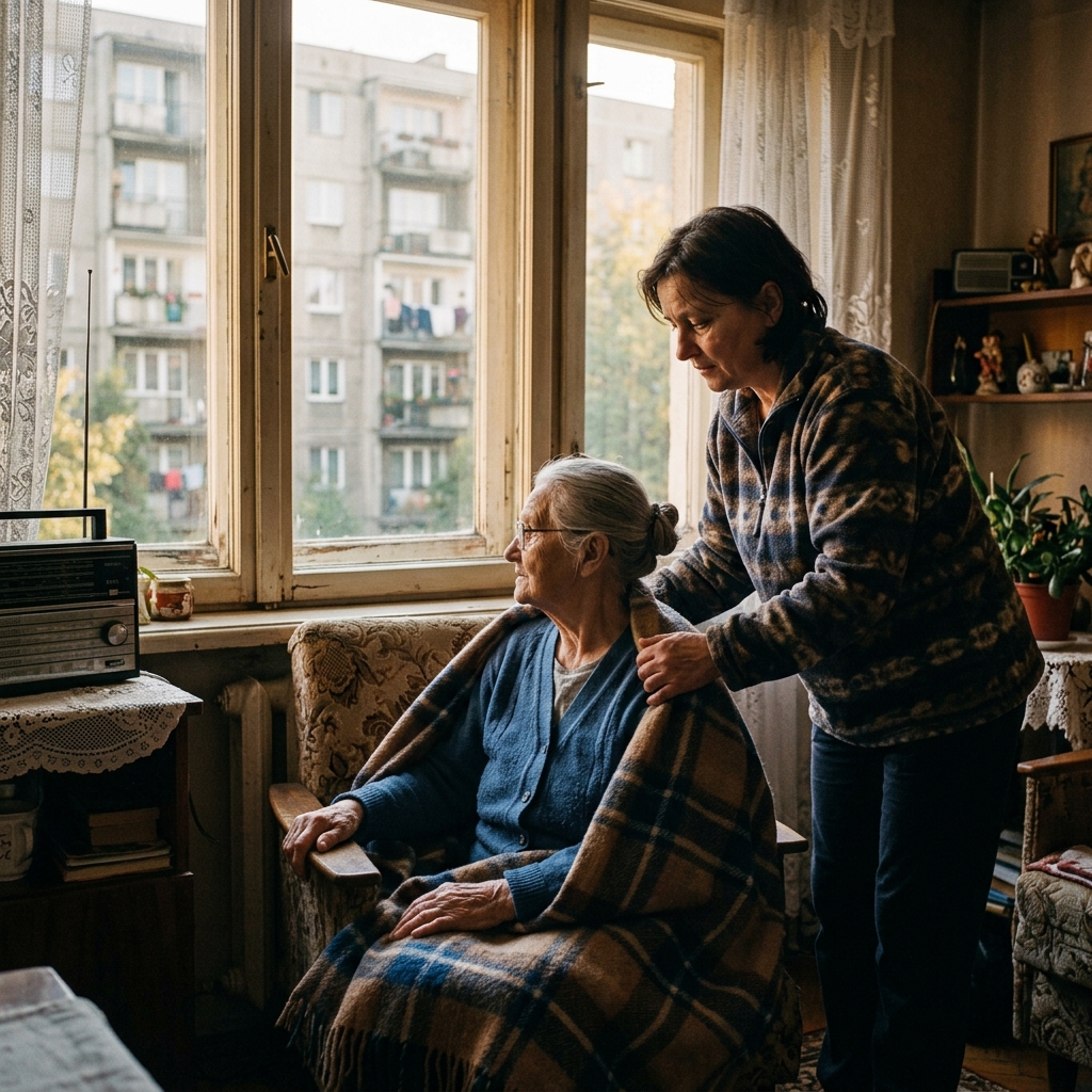 Ekstremalnie naturalne i autentyczne, ciepłe ujęcie. Spokojna opiekunka od tyłu osłania miękkim kocem obolałą seniorkę wypoczywającą  przy kaloryferze, podczas gdy ta łagodzi nerwy zerkając przez okno na swoje znane osiedle.
