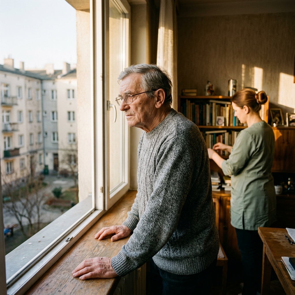 Pan Zygmunt — 78-letni senior z łódzkiego Widzewa patrzy przez okno na podwórko kamienicy, opiekunka w tle porządkuje półkę z książkami.