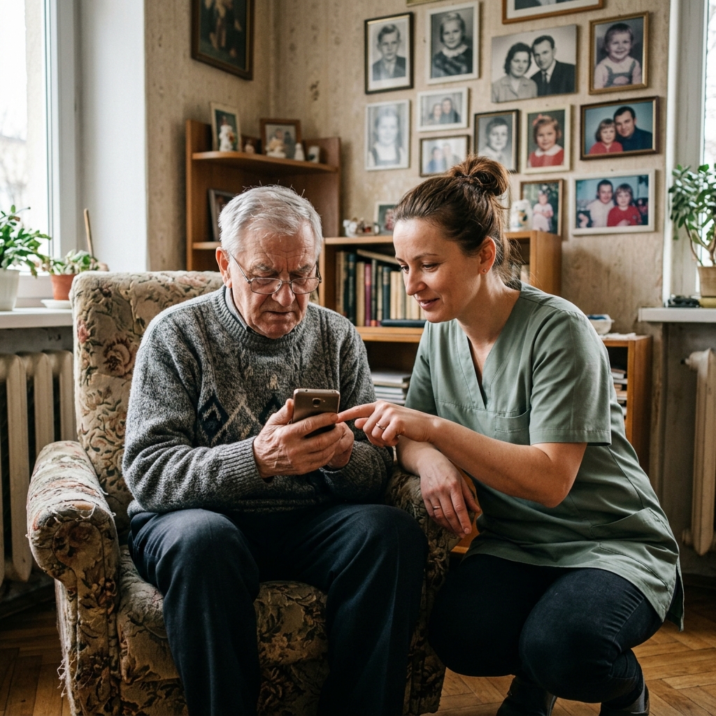 Opiekunka pomaga panu Zygmuntowi z Widzewa nawiązać wideo-rozmowę z synem w Niemczech przez smartfon.