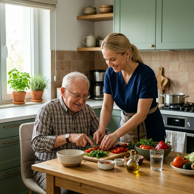 Opiekunka przygotowuje zdrowy posiłek z seniorem w kuchni — opieka domowa jesiennie.pl Poznań
