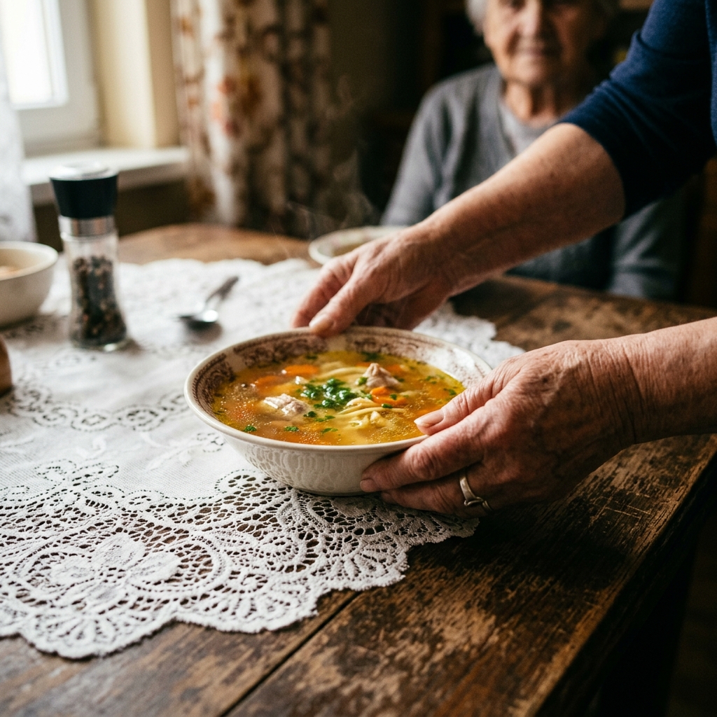 Dłonie zaangażowanej opiekunki domowej bezpiecznie stawiające gorący, klasyczny rosół drobiowy na drewniany stylowy stół pokryty białym, klasycznym obrusem w starej willi na Grunwaldzie.