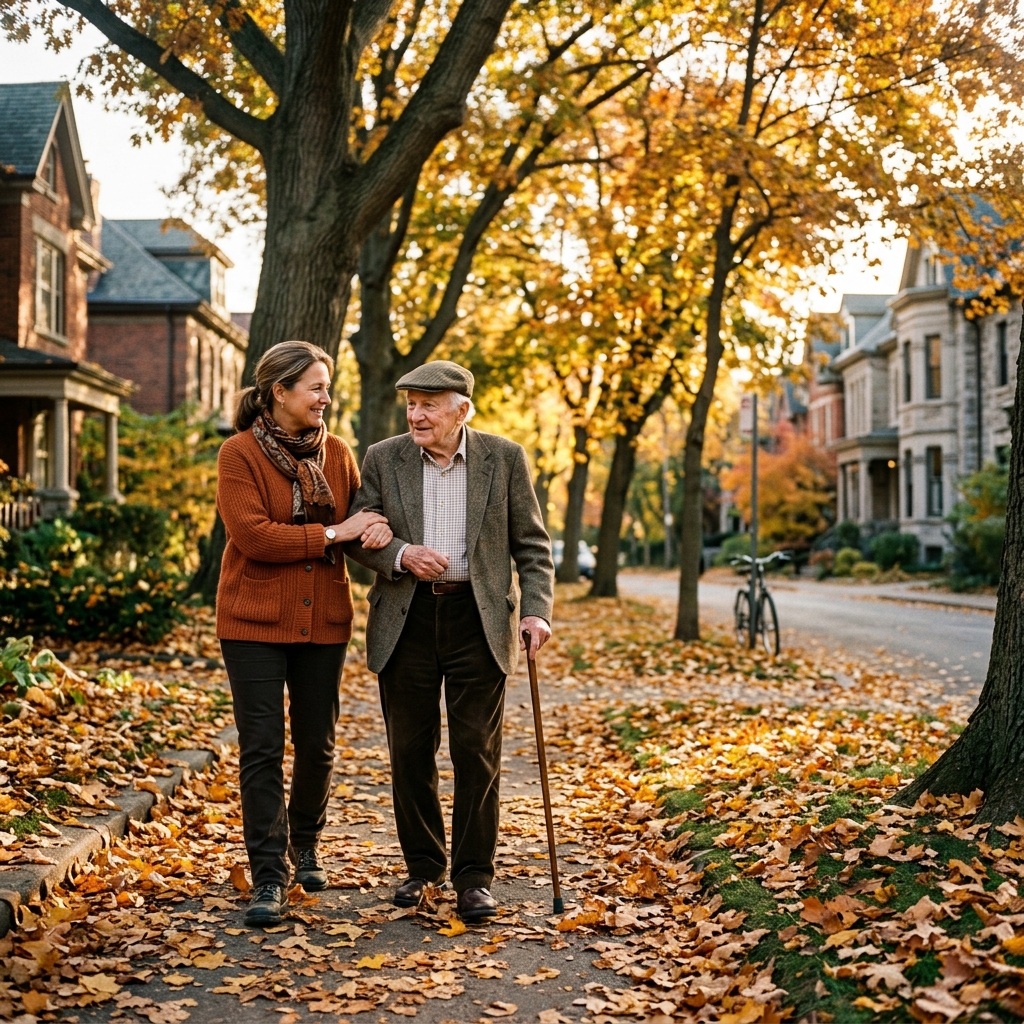 Jesienna fotografia pełna pozytywnej nostalgii: opiekunka lekko i dyskretnie podtrzymująca pod łokieć starszego eleganta, przechadzając się wśród kolorowych liści alejami starego Grunwaldu.