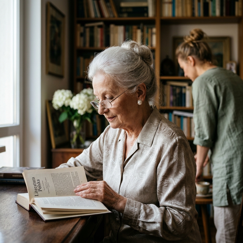 Pani profesor Zofia z Jeżyc czyta przy biurku — kobieta z klasą i historią, opiekunka w tle przy półce z książkami.
