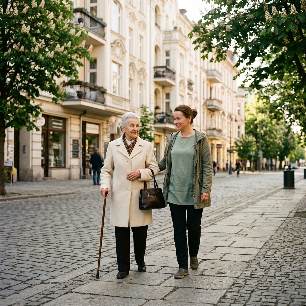 Pani profesor Zofia na spacerze ulicą Jeżyc z opiekunką — kamienice, piekarnia i kasztany w tle.