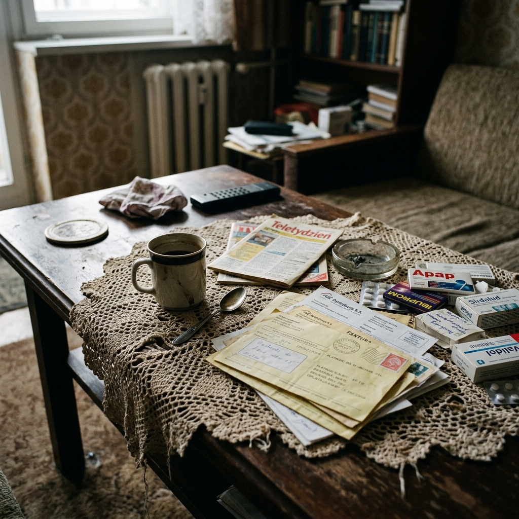 Wymowne zbliżenie dokumentalne na porzucony bałagan na stoliku nocnym: zalegające stare wezwania do zapłaty, luźno wysypane leki oraz zaschnięta kawa.