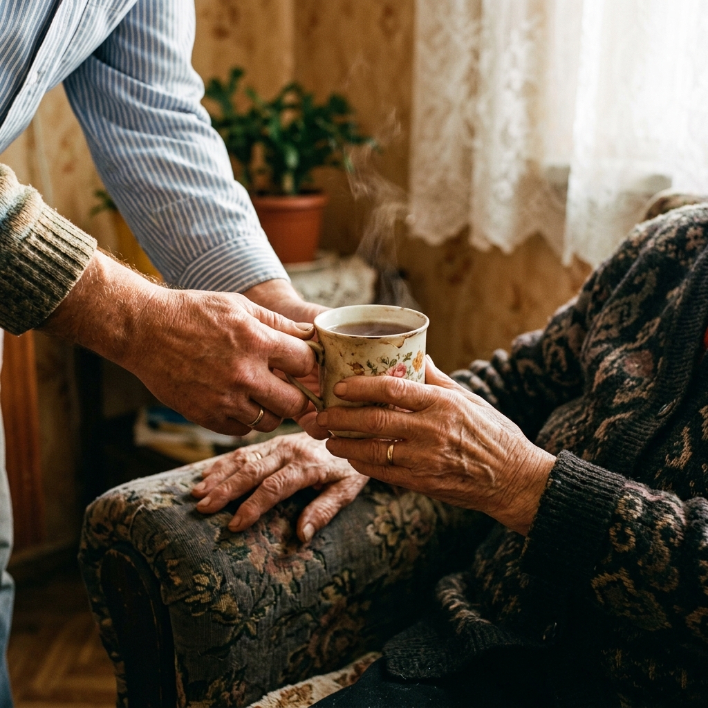 Piękne i bardzo wzruszające fotograficzne zbliżenie, na którym ciche dłonie opiekunki delikatnie serwują ze stołu tradycyjną, pobudzającą krążenie ciepłą filiżankę herbaty w zmęczone dłonie wyciszonej i zrelaksowanej, leciwej pani z polskiego bloku, przyznającej domowym sposobem akceptację opieki.