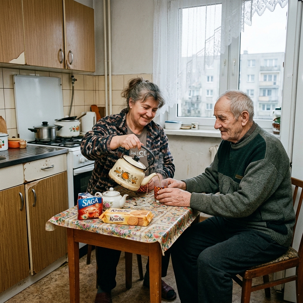 Główna Opiekunka z porannej zmiany nalewająca ciepłą herbatę Tadeuszowi w skromnej, polskiej kuchni na Ratajach.