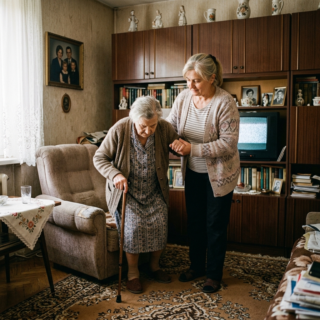 Ciepłe, autentyczne ujęcie pokazujące jak zmienniczka fizycznie asekuruje panią Zofię pomagając jej wstać z podniszczonego fotela w pokoju gościnnym.