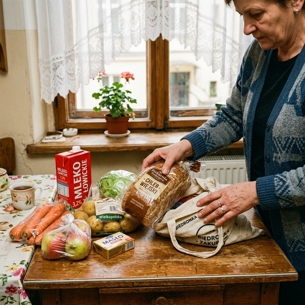 Opiekunka domowa rozpakowuje codzienne zakupy w mieszkaniu podopiecznego na Ratajach. Na stole widać świeże warzywa, chleb i mleko.