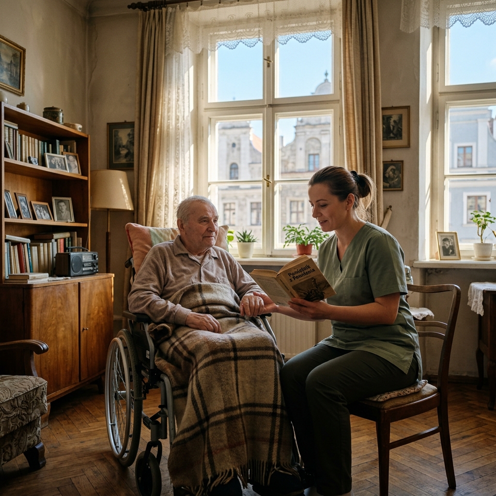 Przedstawicielka firmy opiekuńczej troskliwie czyta książkę starszemu panu na wózku. Ciepła popołudniowa scena ze Starego Miasta.