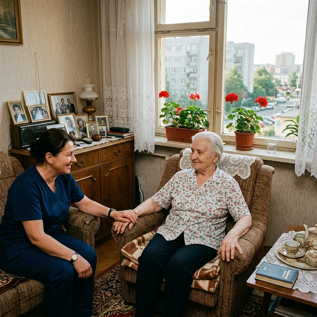 Pani Jadwiga siedzi spokojnie i z godnością w wygodnym fotelu przy oknie wychodzącym na poznańskie kamienice, uśmiecha się, zadbana i zaczesana.