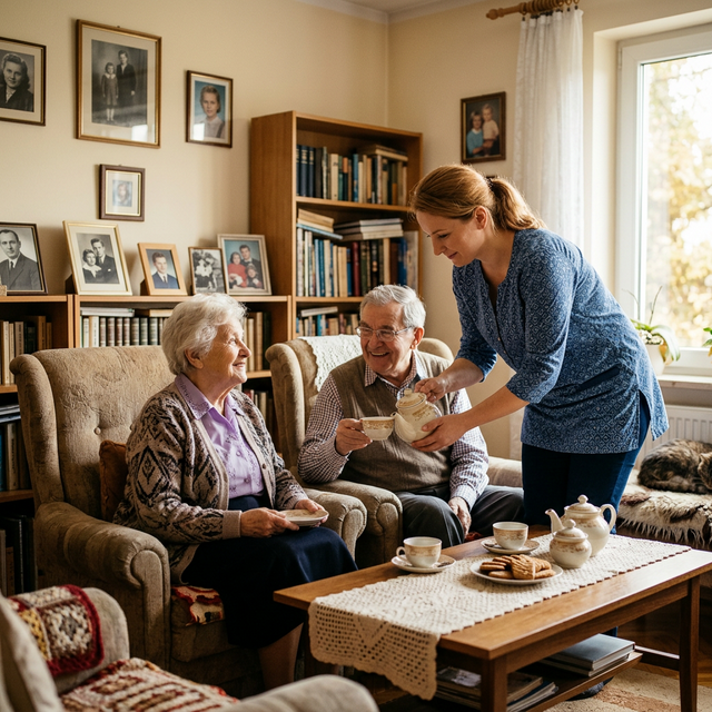 Zadowolona podopieczna domu spokojnej starości w Wielkiej Brytanii