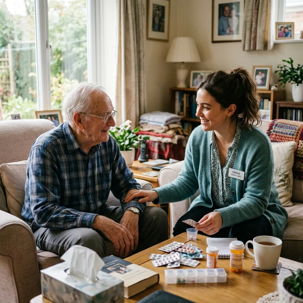 Młoda opiekunka Wiktoria z agencji jesiennie.pl pomagająca w segregowaniu dawki leków seniorowi