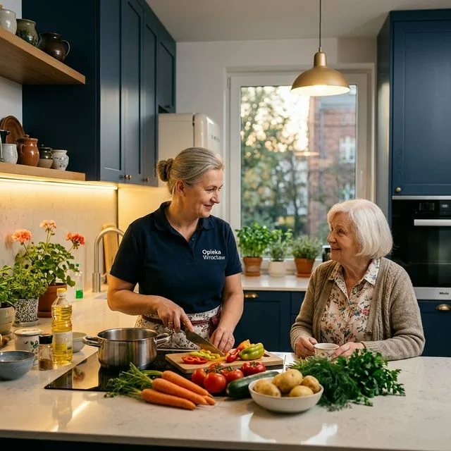 Opiekunka przygotowuje zdrowy posiłek z seniorką we wrocławskim domu — opieka domowa jesiennie.pl Wrocław