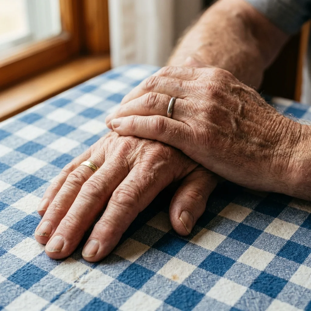 Zbliżenie na dłonie dwójki seniorów trzymających się razem na stole, opowiadających o wsparciu i chorobie Parkinsona.