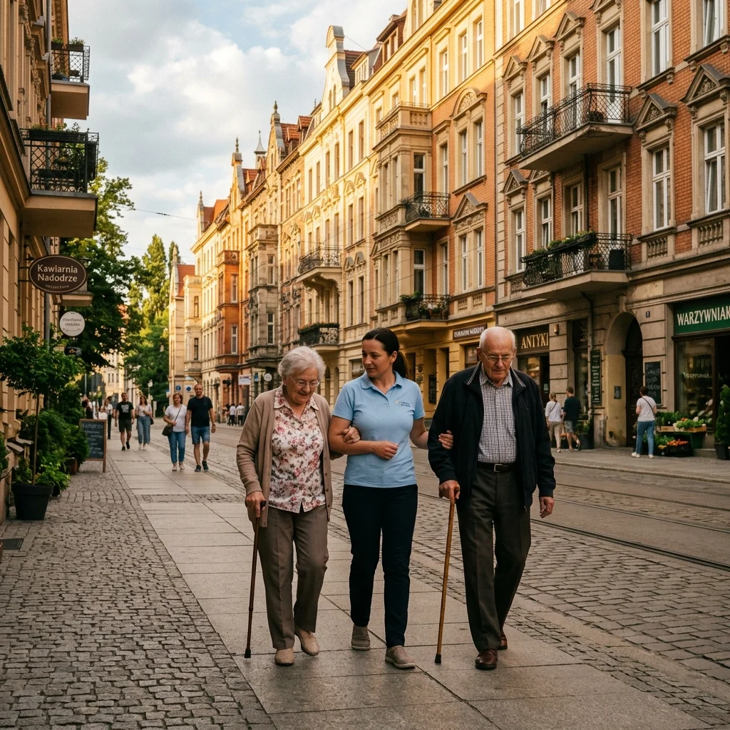 Starsze małżeństwo idzie powoli deptakiem wspierając się na opiekunce, w tle zrewitalizowane wrocławskie kamienice na Nadodrzu.