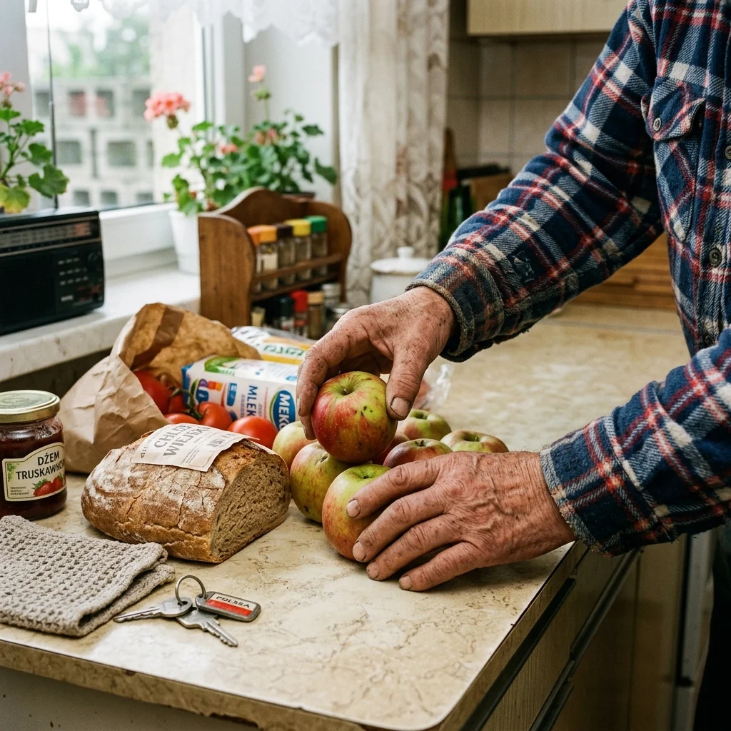 Dłonie starszego mężczyzny w koszuli w kratę segregującego świeże jabłka i pieczywo na kuchennym blacie w bloku z wielkiej płyty.