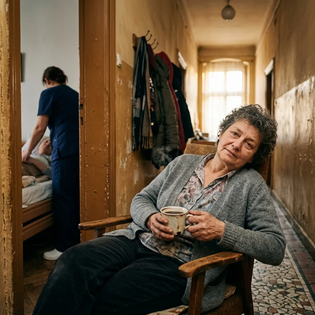 Zmęczona córka siedzi w fotelu na długim korytarzu starej kamienicy z kubkiem kawy w dłoniach, przez uchylone drzwi widać opiekunkę przy łóżku ojca.