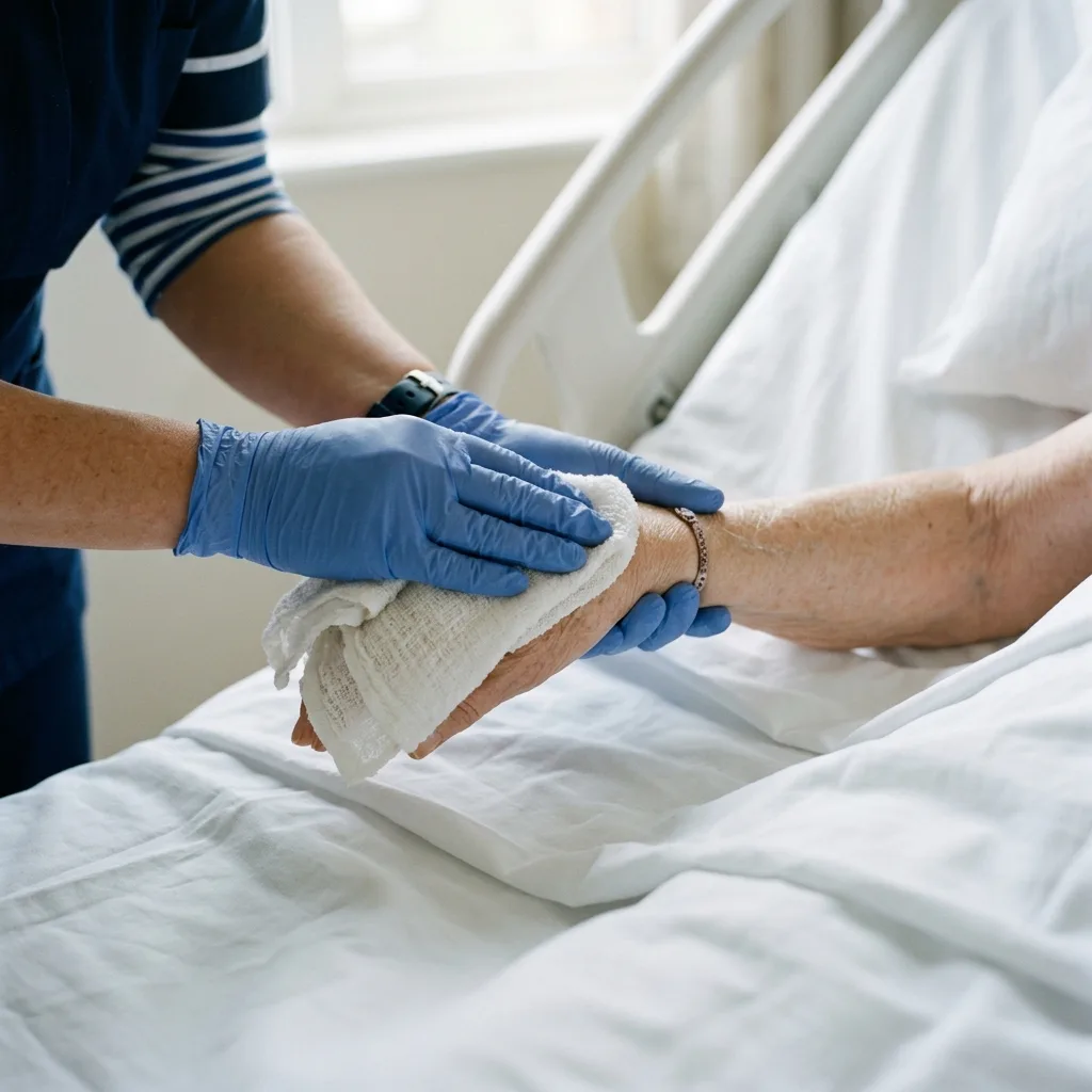 Dłonie opiekunki w niebieskich rękawiczkach delikatnie przecierają ciepłą ściereczką rękę starszego mężczyzny leżącego na białych prześcieradłach.