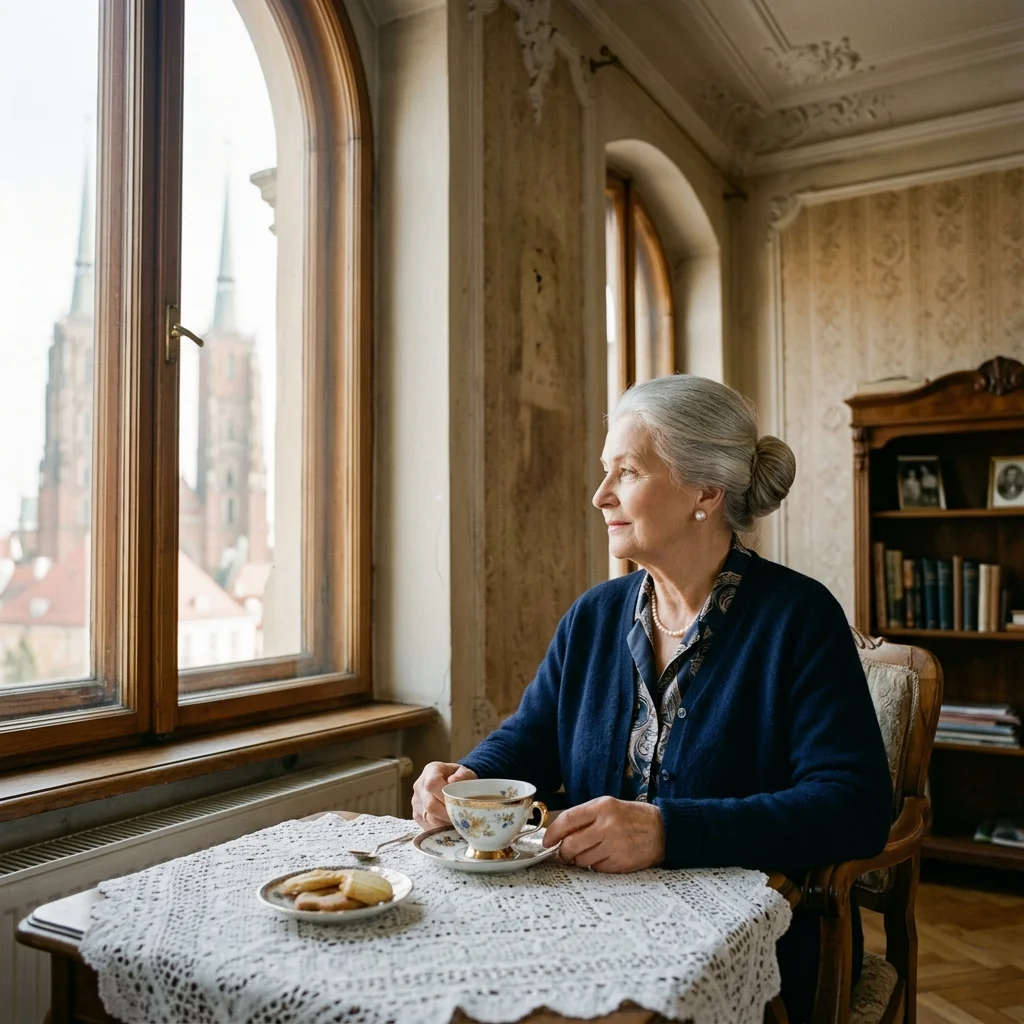 Pani Helena siedzi przy wysokim oknie w swojej kamienicy, przed nią filiżanka herbaty z cienkiej porcelany, w tle widać wieżę kościoła św. Elżbiety we Wrocławiu.