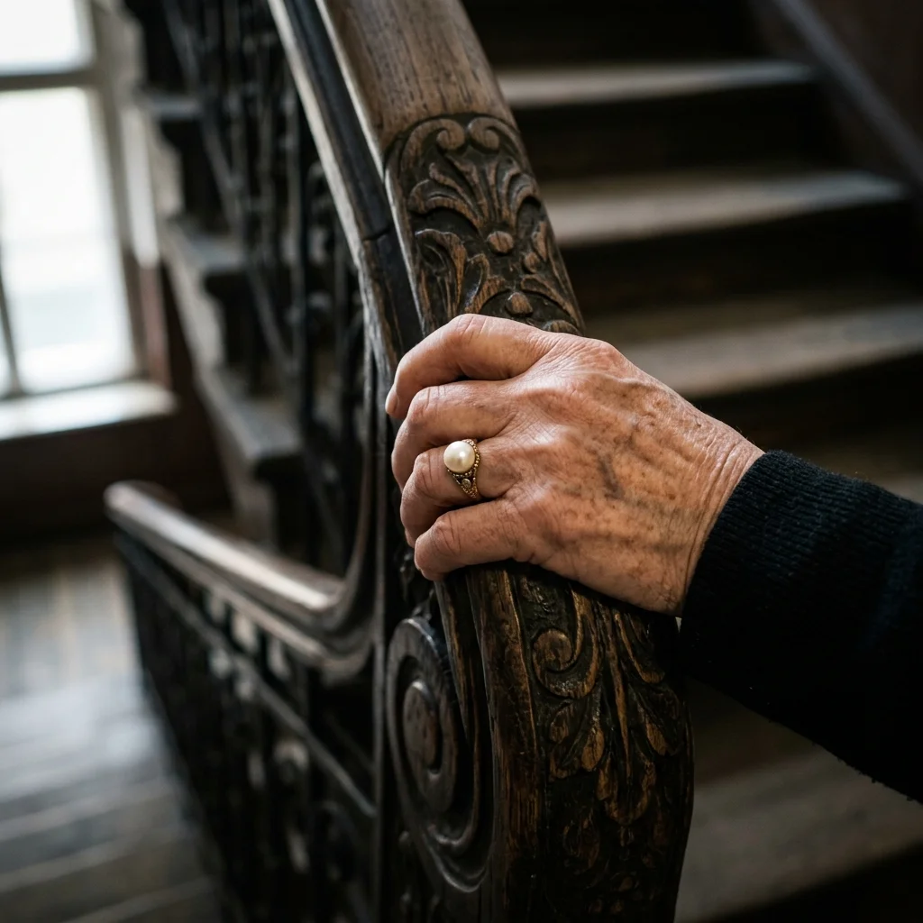 Dłoń starszej kobiety w eleganckim pierścionku kurczowo zaciskająca się na drewnianej, rzeźbionej poręczy starej wrocławskiej kamienicy, światło wpada przez witrażowe okno.